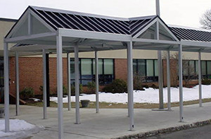 Aluminum Awning Outside of School with Snow on the Ground